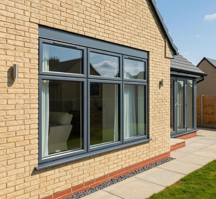 A sunlit modern single-story house with pale yellow brick walls and dark grey framed large rectangular windows