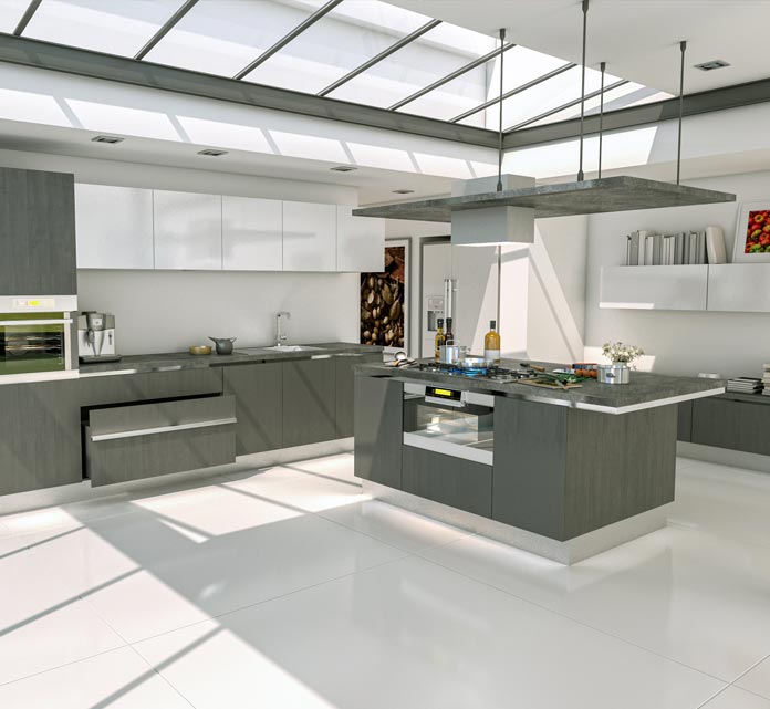 Bright modern kitchen with a large central island featuring a built-in cooktop and oven. The kitchen has matte gray lower cabinets, glossy white upper cabinets, dark countertops, broad skylights allowing natural light, sleek stainless-steel fixtures.