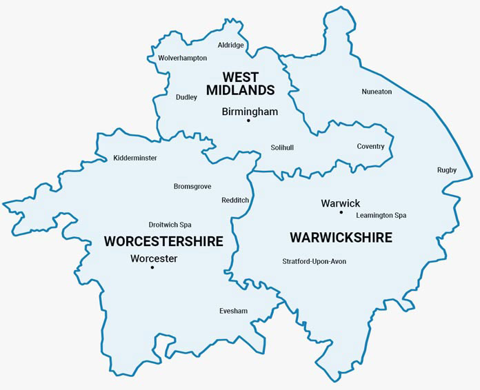 A simple outlined map showing three neighboring regions in central England: West Midlands, Worcestershire, and Warwickshire. Key towns and cities are marked with dots and labeled, including Birmingham, Wolverhampton, Worcester, Kidderminster, Warwick, Leamington Spa, Stratford-upon-Avon, and Rugby. 