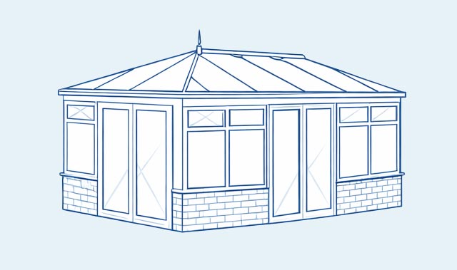 A blue line-art architectural drawing of an Edwardian style conservatory with a rectangular footprint and a multi-faceted hipped glass roof topped by a small finial.