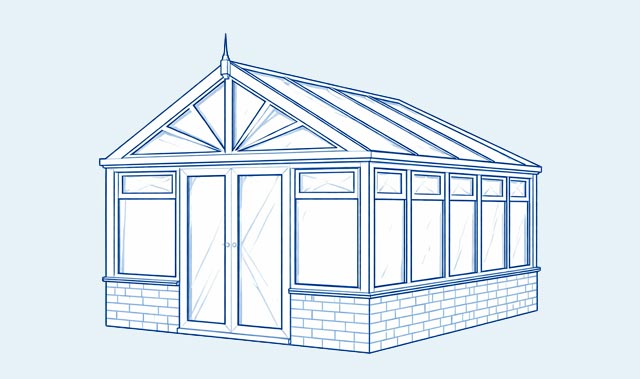 A blue-line architectural sketch of a conservatory with a pitched glazed roof topped by a decorative finial. The front features a triangular gable with decorative window muntins, double glass doors, and tall rectangular windows on either side.