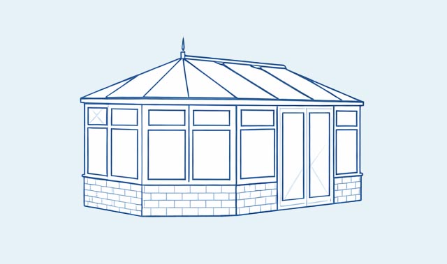 A blue line architectural drawing of a Georgian style conservatory with a pitched, multi-panel roof topped by a small finial.