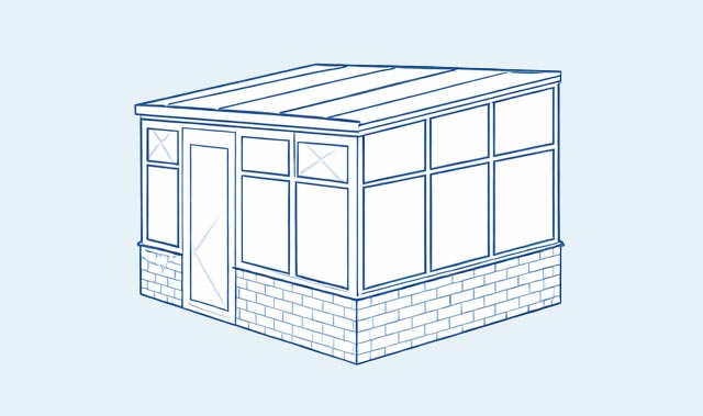 A blue line architectural drawing of a small rectangular conservatory with a low brick base and large framed glazed panels on all visible sides. The roof is a shallow single-pitch lean-to style sloping toward the back.