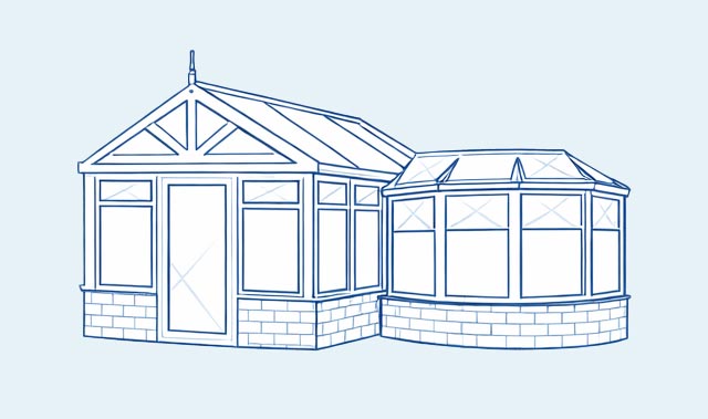 A blue line architectural drawing of a two-part conservatory with a larger rectangular section on the left and a smaller semi-octagonal bay on the right.
