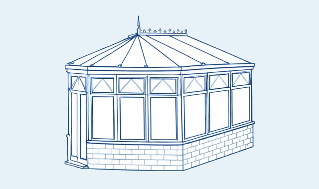 A blue line-art architectural drawing of a Victorian style conservatory sitting on a low brick dwarf wall and features tall glazed window panels with triangular transoms.