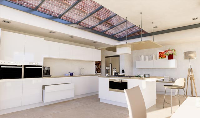 A bright, contemporary kitchen with glossy white handleless cabinetry and drawers along the back wall and a central island. A long strip skylight with a metal frame runs above, flooding the space with natural light.