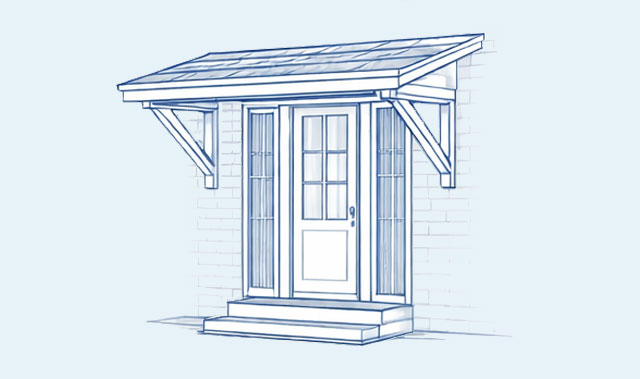 A blue line-art architectural drawing of a front entry with a single door. Tall narrow sidelights with vertical mullions flank the door. The front door is topped by a single-pitch canopy porch overhang with exposed rafters and triangular support brackets attached to the exterior wall.