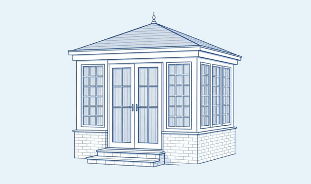 A blue line-art architectural drawing of an Edwardian style porch. It has double French-style doors with glass panes, flanked by tall multi-pane windows continuing around the sides. A low set of two steps leads to the entrance beneath a hipped pyramidal roof with a decorative finial at the peak.