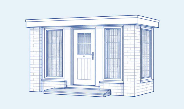 A blue line-art architectural drawing of a flat roof porch. The central door has a small multi-pane glazed section in the upper half and vertical panel design below. Two tall narrow windows flank the door, with a further windows on the side.