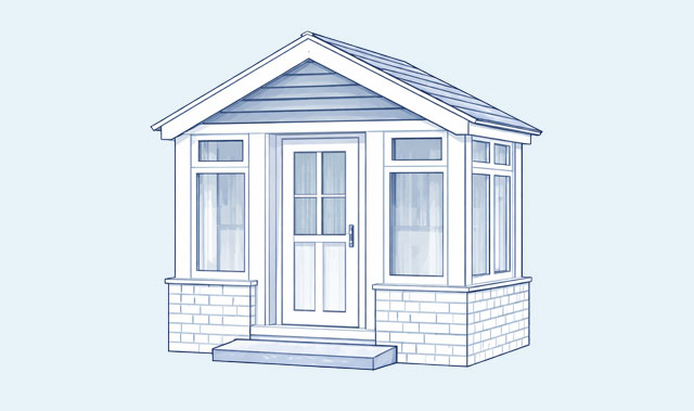 A blue line-art architectural drawing of a small symmetrical porch with a gabled roof and triangular pediment. The front features a centered door with upper glass panes and flanking tall windows with transom windows above. A short brick foundation surrounds the base, with a single step leading to the entrance.