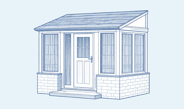 A blue line-art architectural drawing of a small enclosed porch with a lean-to roof. It features a central door with glazed upper section, tall multi-pane windows wrapping around the side, a low brick or masonry knee wall beneath the windows.