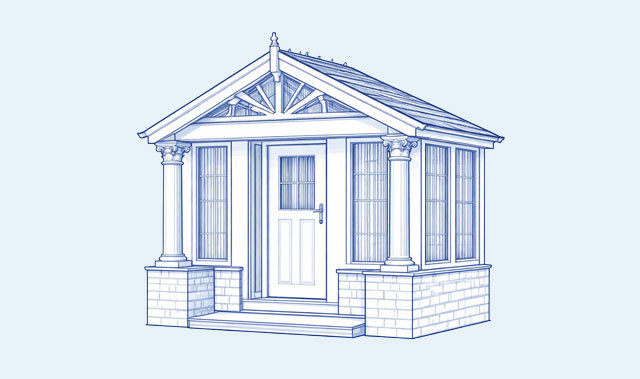 A blue line-art architectural drawing of a Victroian style porch with a gabled roof and triangular pediment featuring decorative truss detail. The porch has a central single door, tall narrow windows with muntins on sides, two classical columns with decorative capitals.