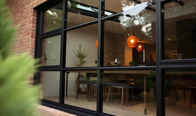 View through a large aluminium black-framed grid window revealing a warm, modern dining area with wooden floors, a long wooden table surrounded by chairs and stools, two glowing woven pendant lights overhead.