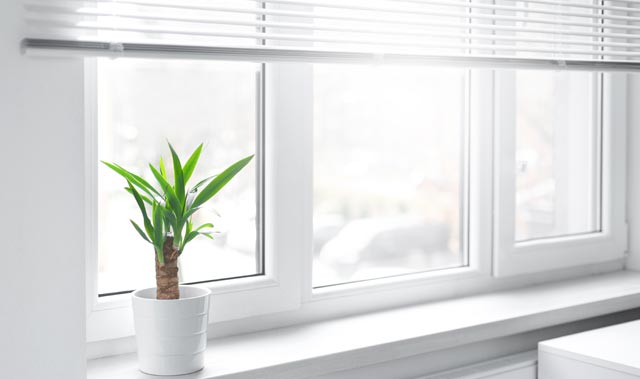 A bright, minimal interior with a wide window with partially raised horizontal blinds lets in soft, diffused daylight, creating a clean, airy, and modern atmosphere.